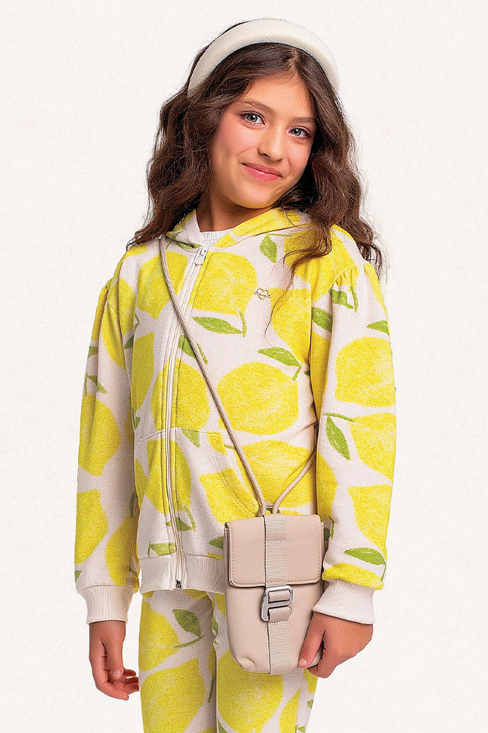 Conjunto jaqueta com capuz e calça em molecotton linho frutinhas