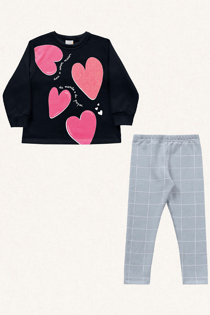 Conjunto blusão coração em moletom e legging em molecotton molinê