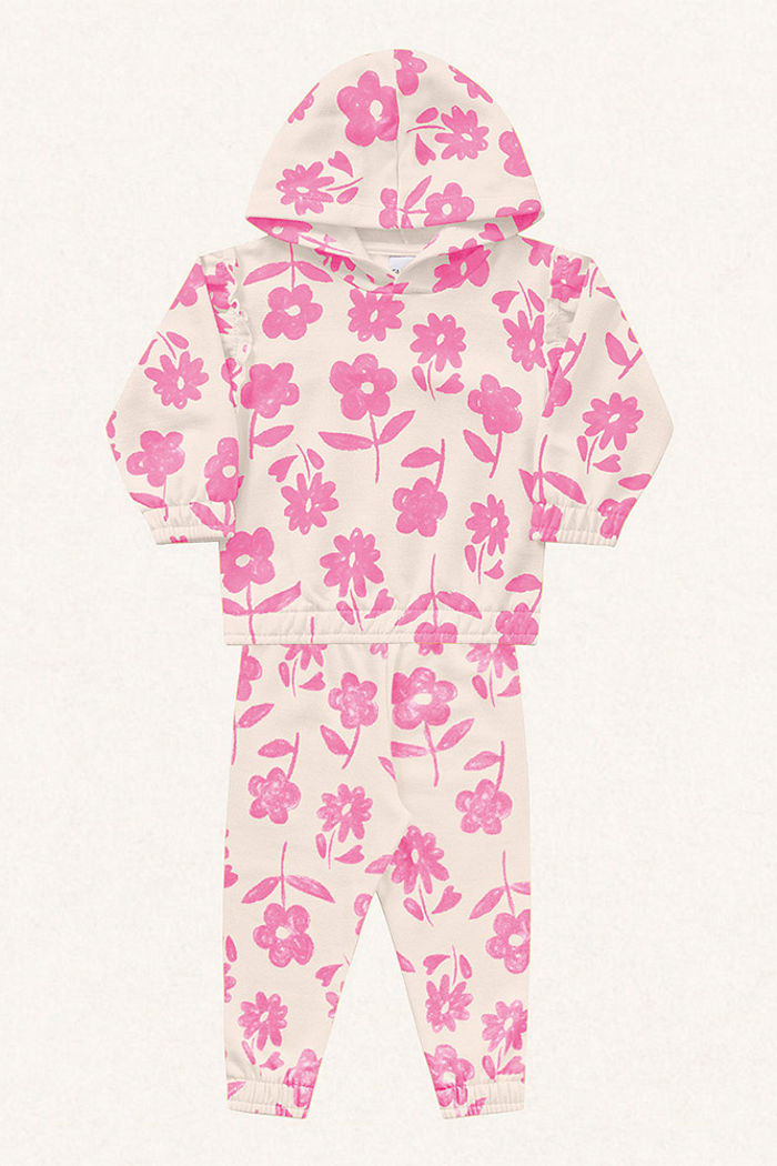 Conjunto blusão com capuz e calça em moletom flor
