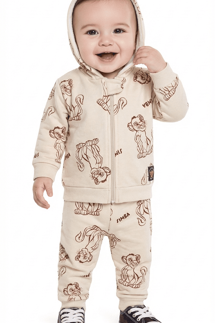 Conjunto jaqueta com capuz e calça em moletom Simba