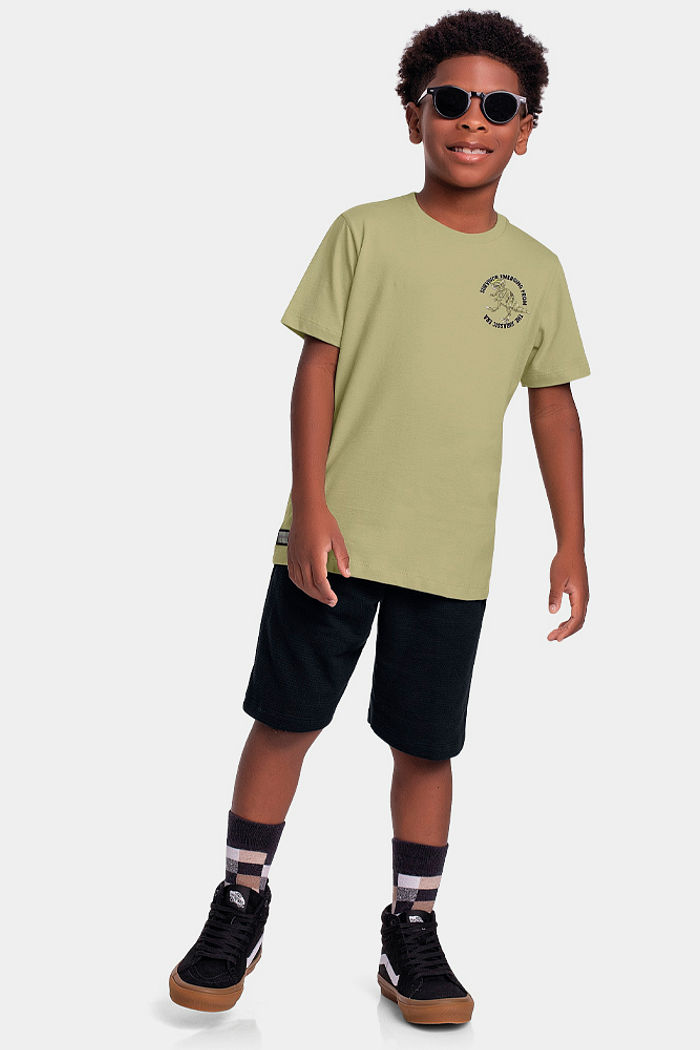 Conjunto camiseta com estampa de dinossauro e bermuda moletinho lótus com bolso