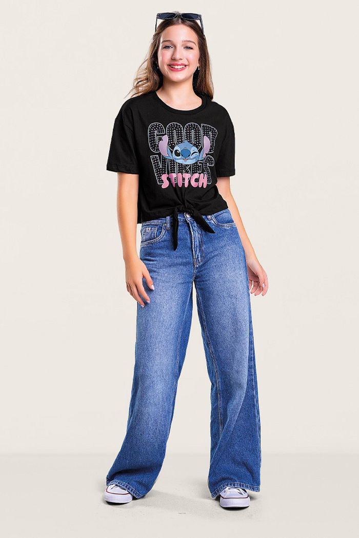 Blusa em meia malha Lilo & Stitch com amarração