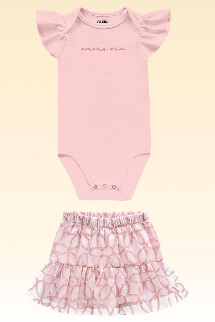 Conjunto body em cotton flamê e saia bordado