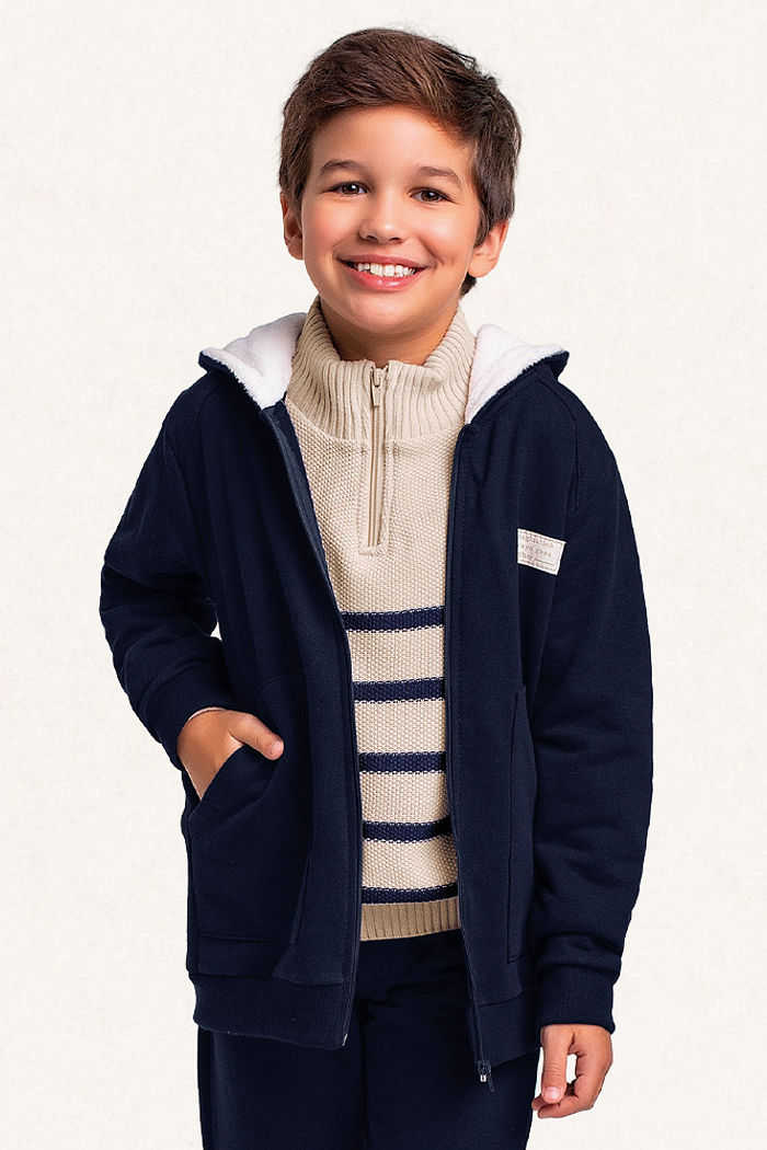 Conjunto jaqueta com capuz forro fleece e calça em moletom