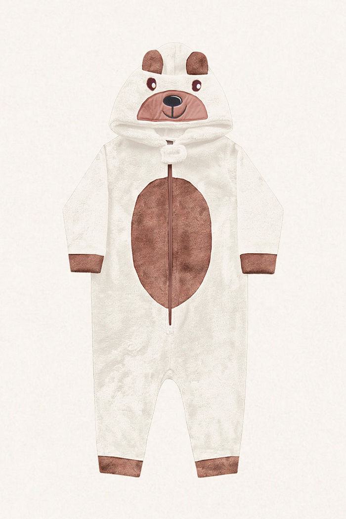 Macacão manga longa com capuz em tecido fleece urso