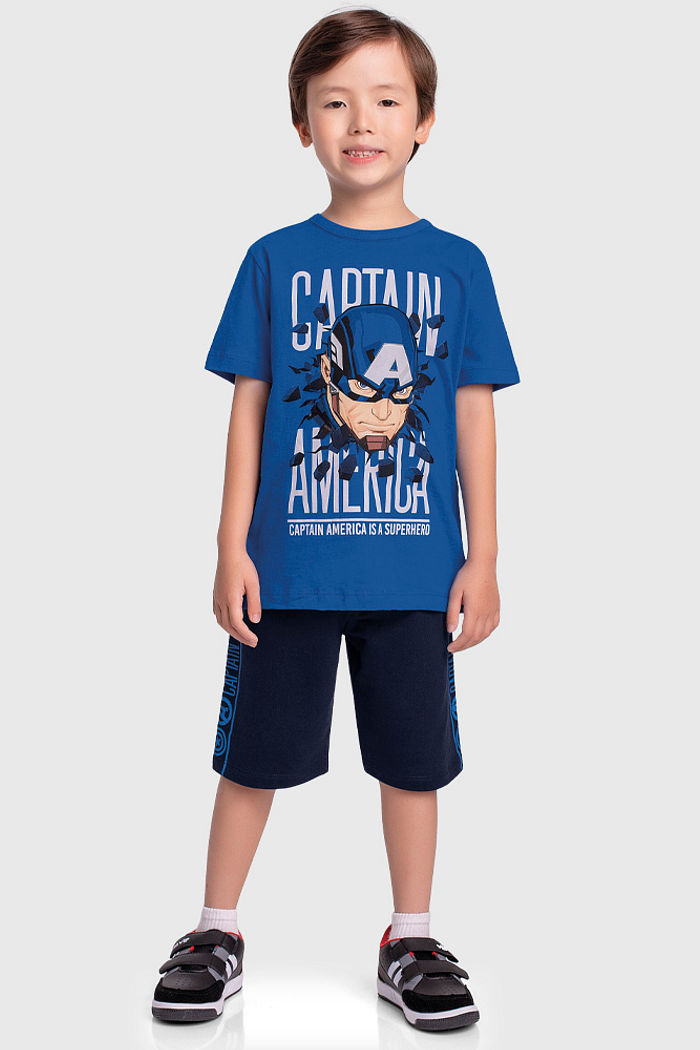Conjunto camiseta avengers e bermuda em moletinho