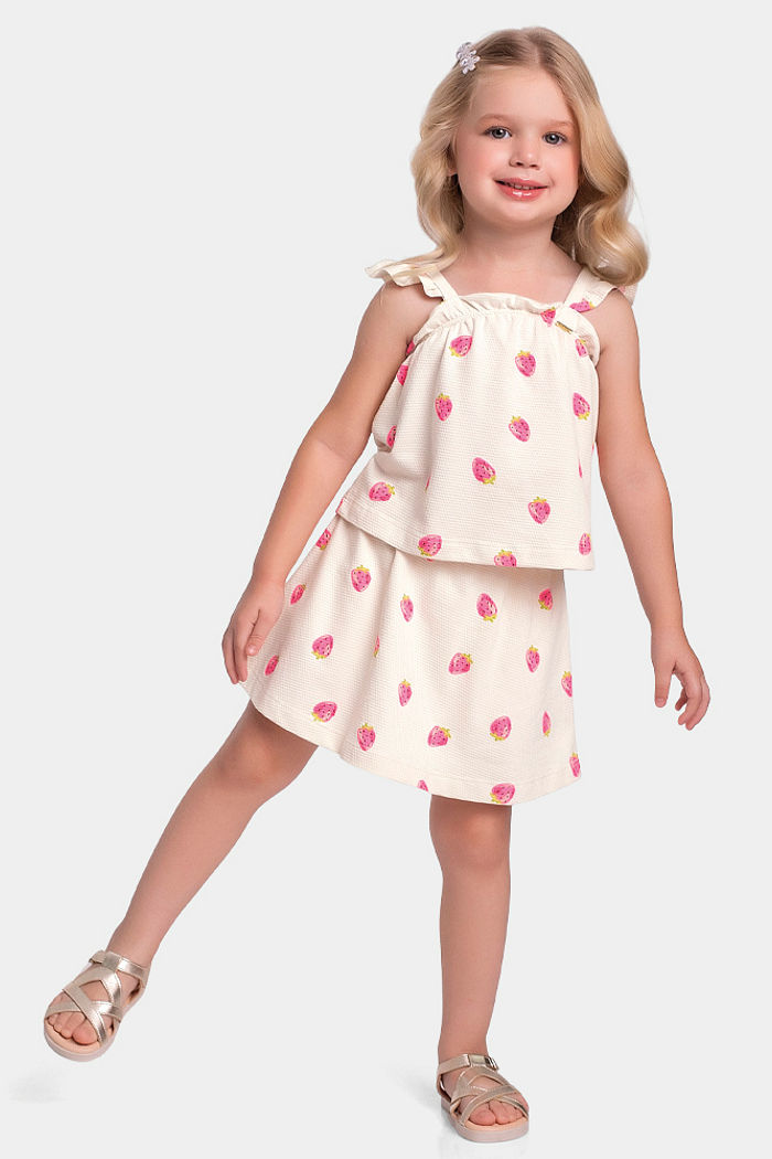 Conjunto bata e short-saia de frutas