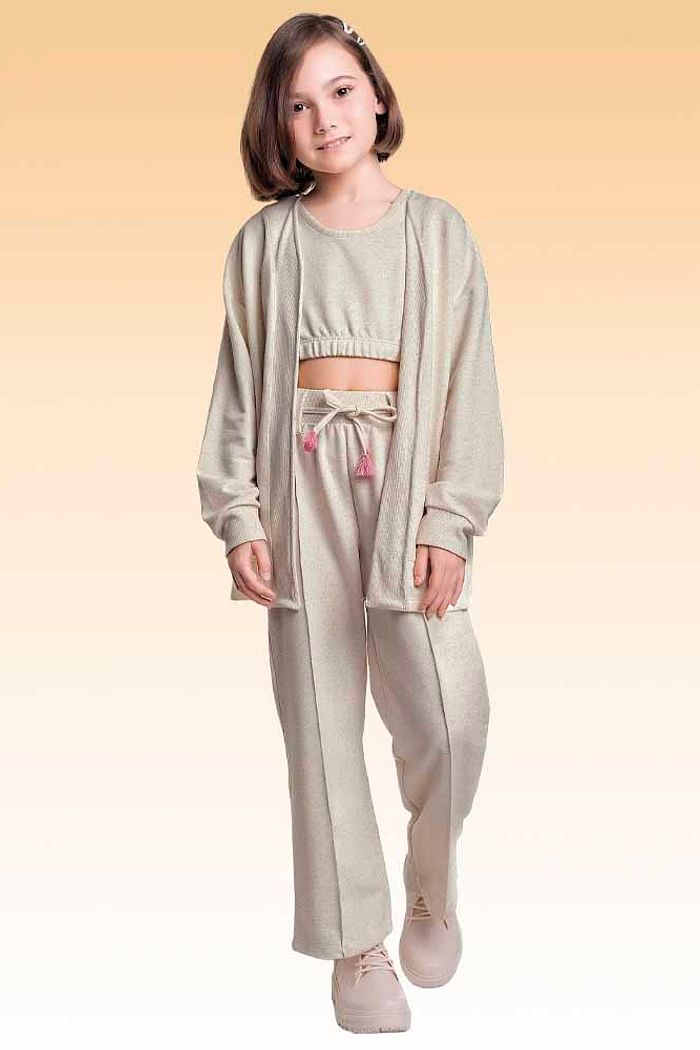 Conjunto top e casaco em moletinho linho