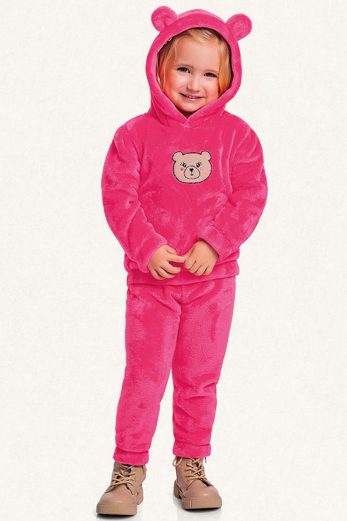 Conjunto blusão com capuz e calça em tecido fleece com orelhinhas