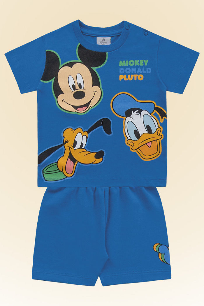 Conjunto camiseta em meia malha e bermuda em moletinho Mickey