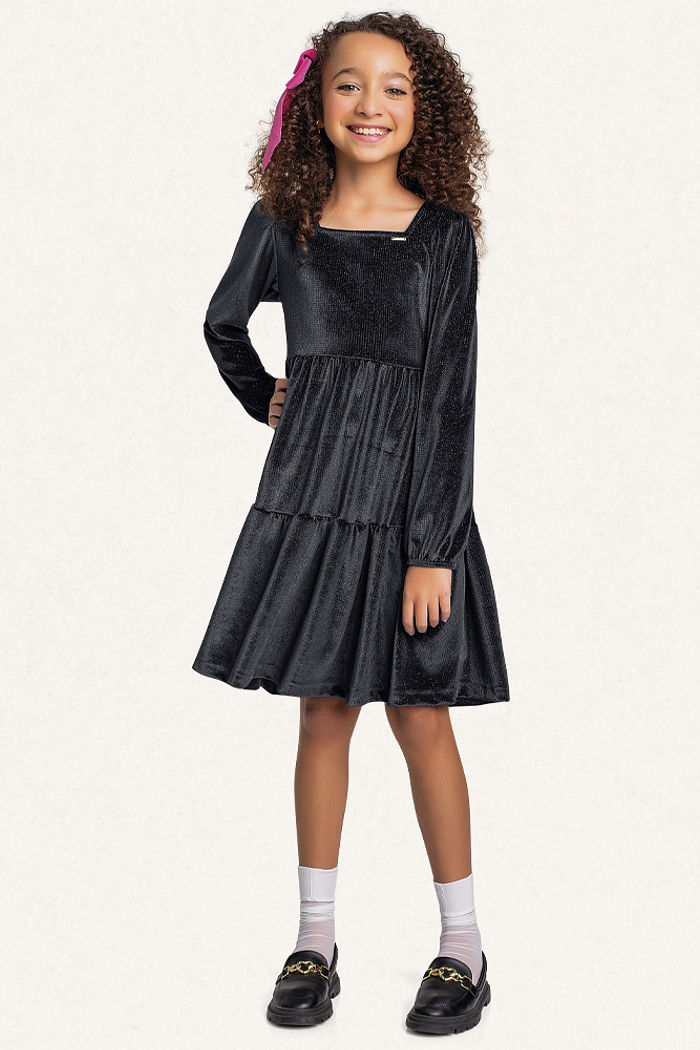 Vestido em plush lurex manga longa