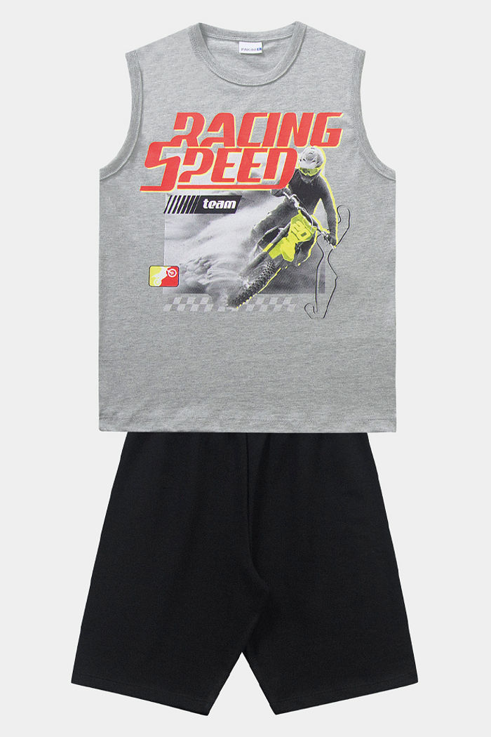 Conjunto regata com estampa de corrida e bermuda em moletinho