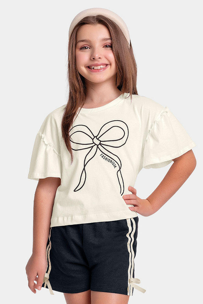 Conjunto blusa de laço e short em moletinho