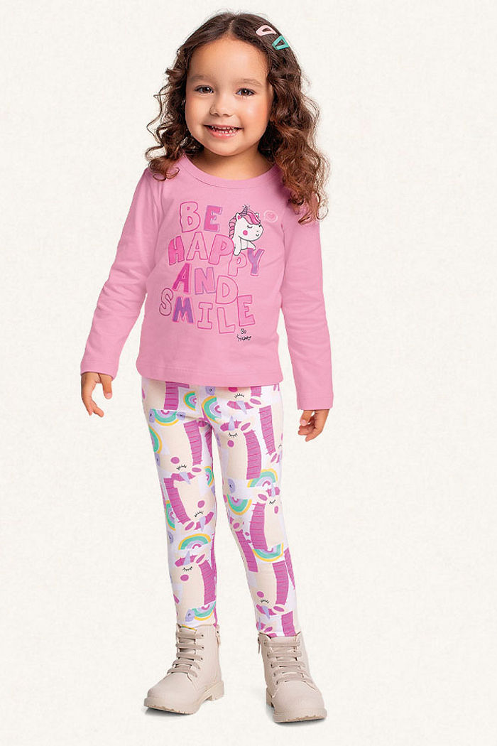 Conjunto blusa manga longa em meia malha e legging em cotton leve unicórnio