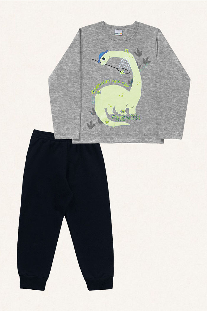 Conjunto camiseta manga longa em meia malha e calça em moletinho dinossauro amigo