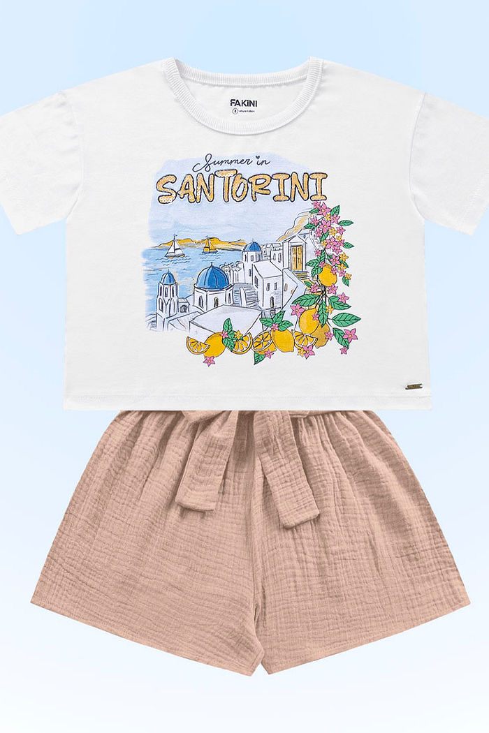 Conjunto blusa em meia malha e short em tecido malha gase com textura