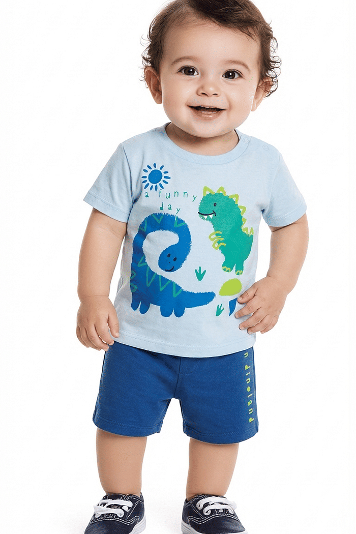 Conjunto camiseta dinos em meia malha e bermuda em moletinho