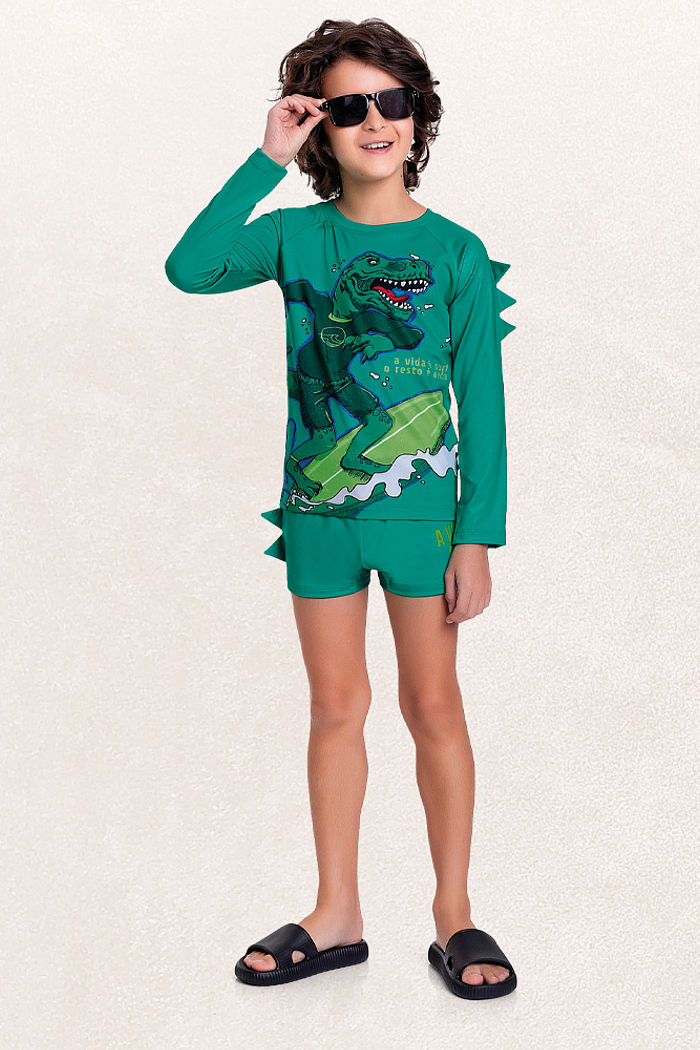Conjunto camiseta manga longa e sunga praia dino surf