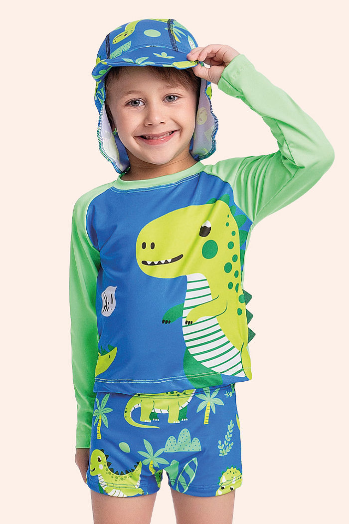 Conjunto camiseta manga longa com aplique interativo em feltro, sunga boxer e chapéu