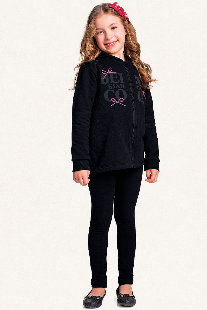 Conjunto jaqueta com capuz em moletom e legging em molecotton lacinhos