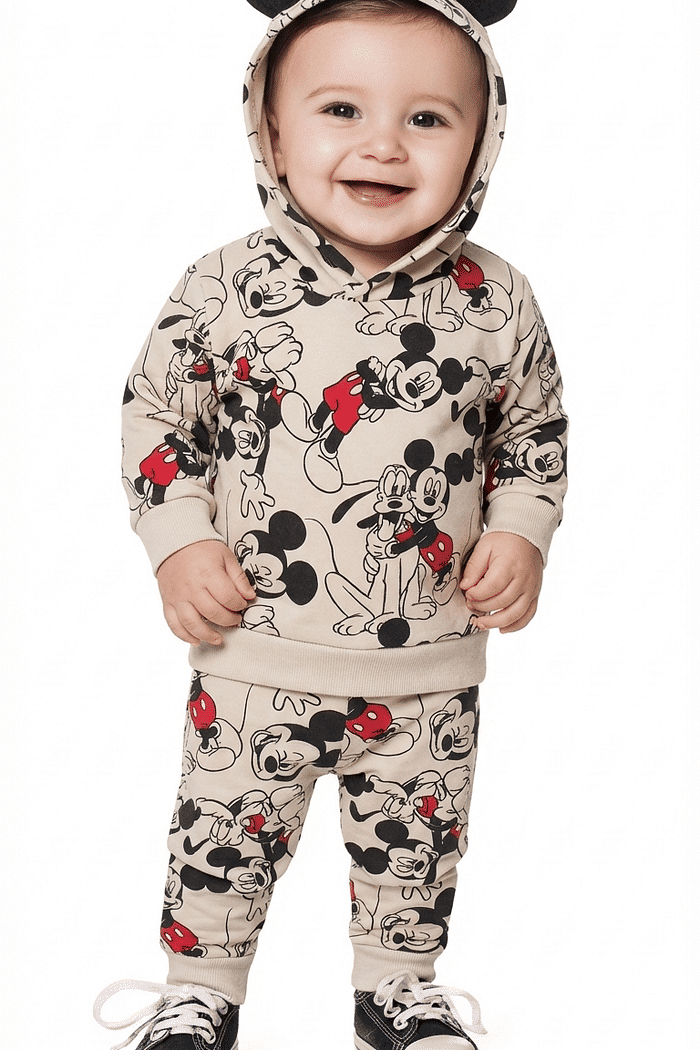 Conjunto blusão com capuz e calça em moletom Mickey
