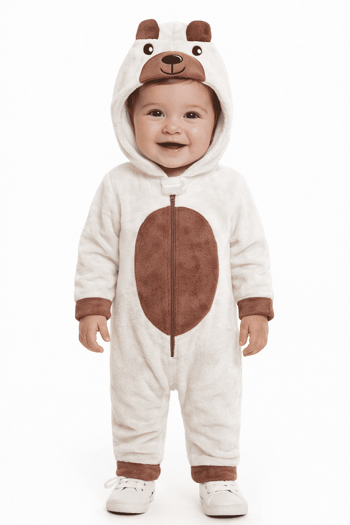 Macacão manga longa com capuz em tecido fleece urso