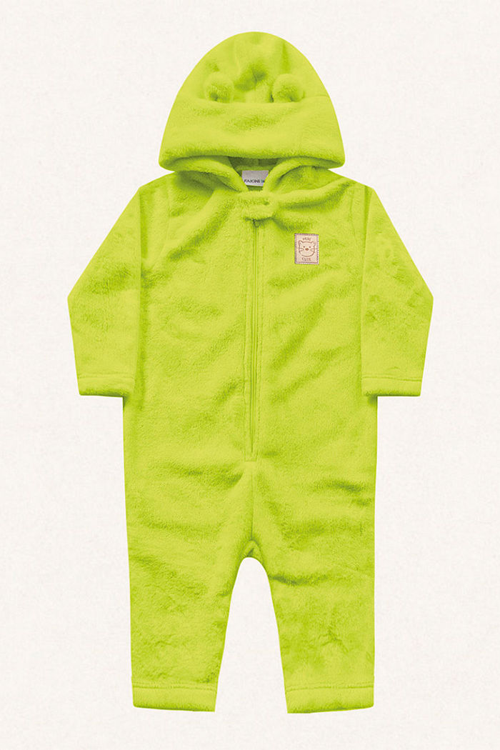 Macacão manga longa com capuz em tecido fleece teddy