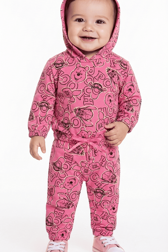 Conjunto blusão com capuz e calça em moletom ursinho pooh