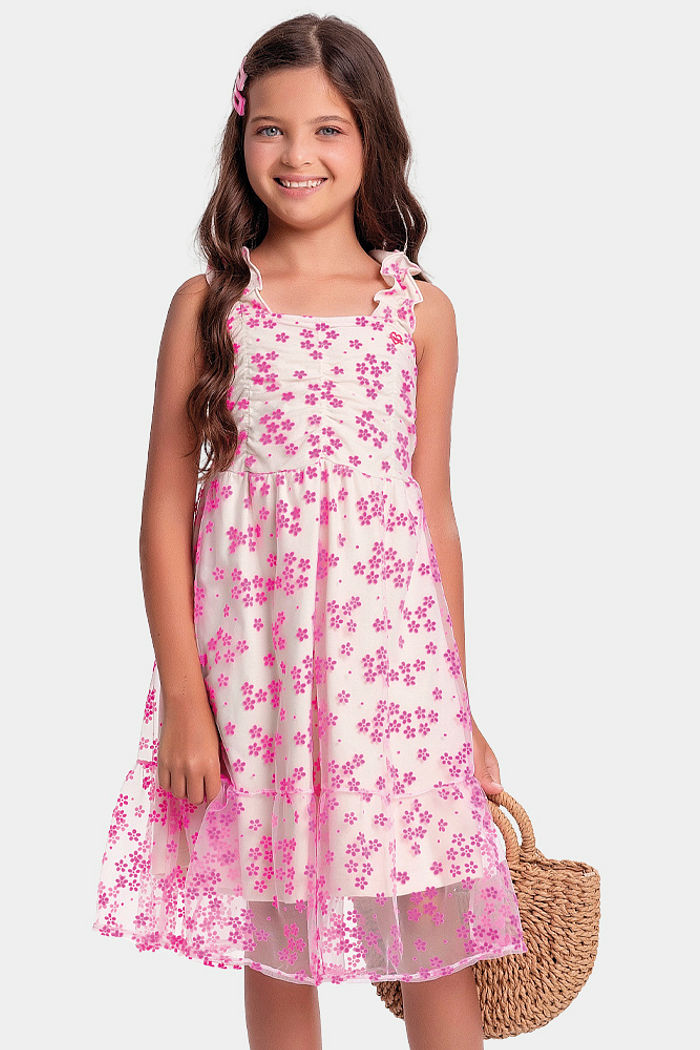 Vestido midi em tecido tule flocking flores