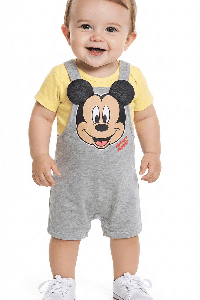 Conjunto body em meia malha e macacão mickey