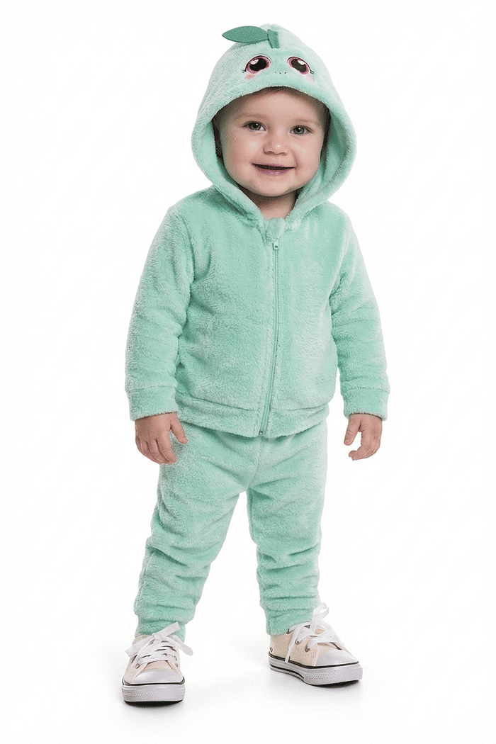 Conjunto jaqueta com capuz e calça em tecido fleece frutas