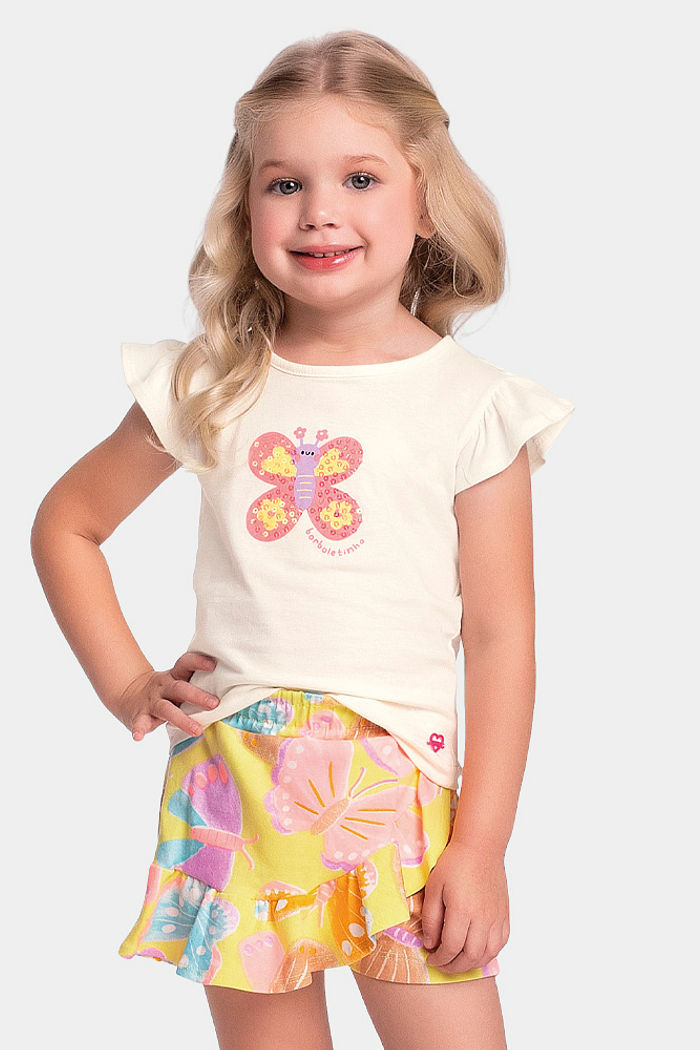 Conjunto blusa e short-saia de borboleta