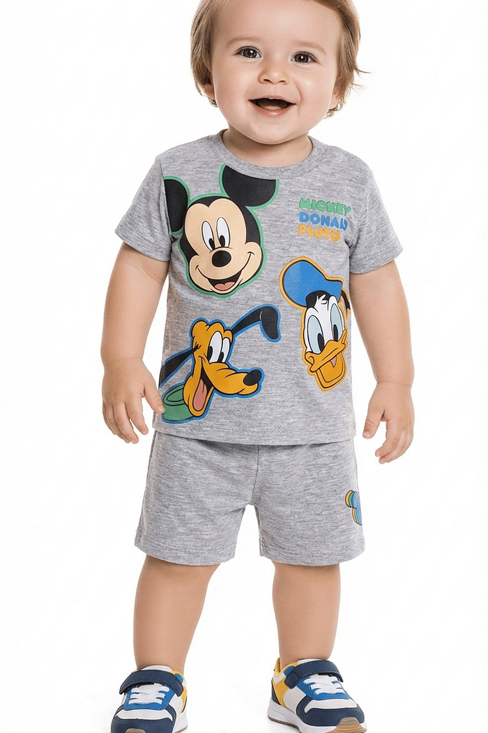Conjunto camiseta em meia malha e bermuda em moletinho Mickey