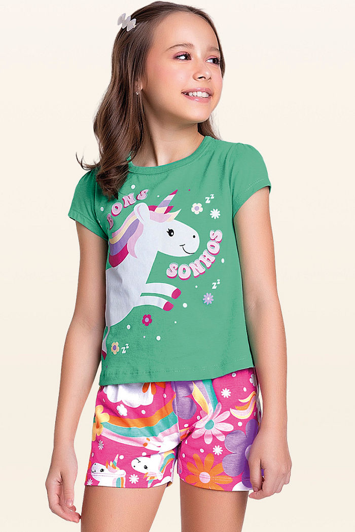 Conjunto pijama blusa e short unicórnio