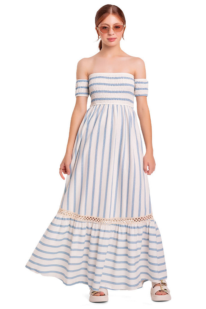 Vestido juvenil longo com lastex e renda listrado