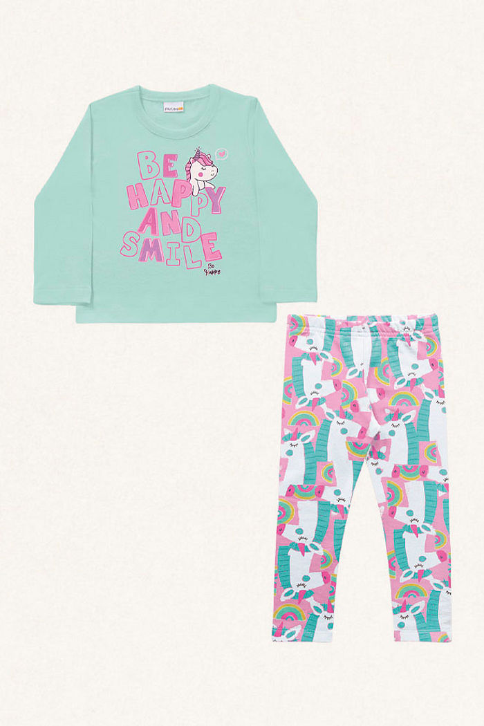 Conjunto blusa manga longa em meia malha e legging em cotton leve unicórnio