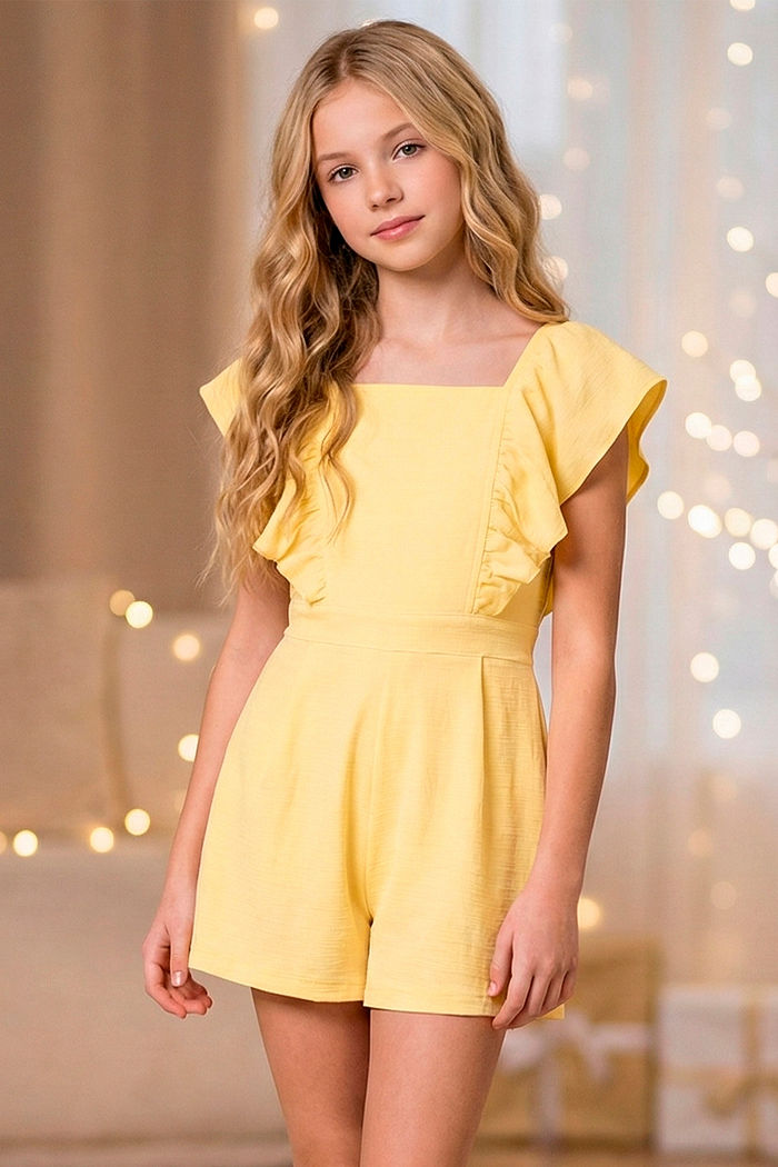 Macacão juvenil tricot com lástex e babados