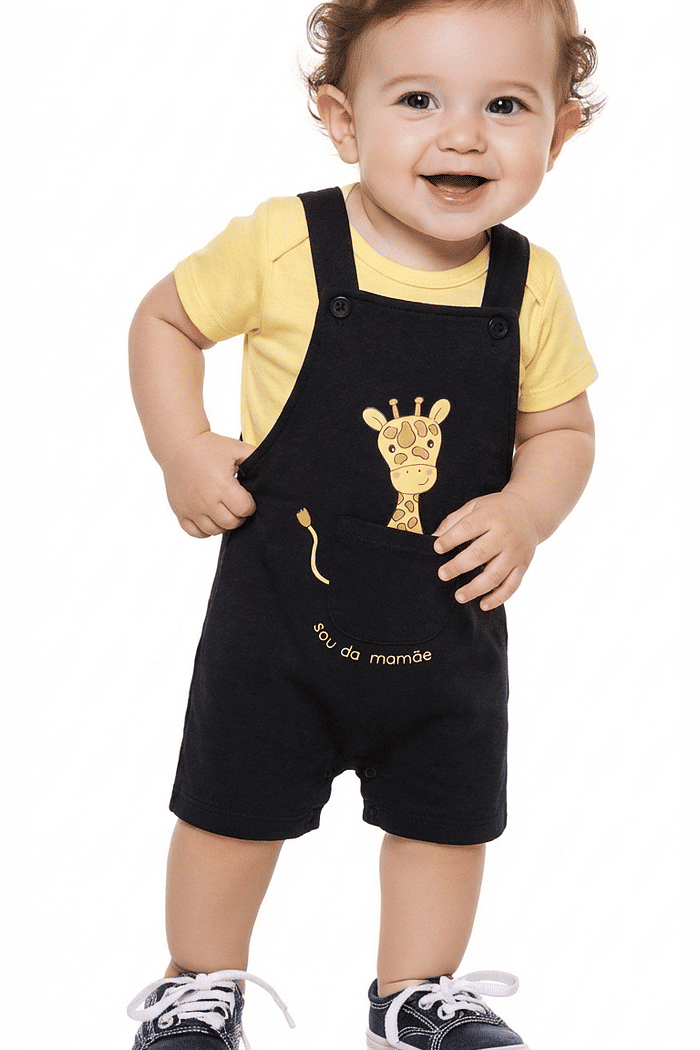 Conjunto body manga curta em suedine e macacão em moletinho girafa