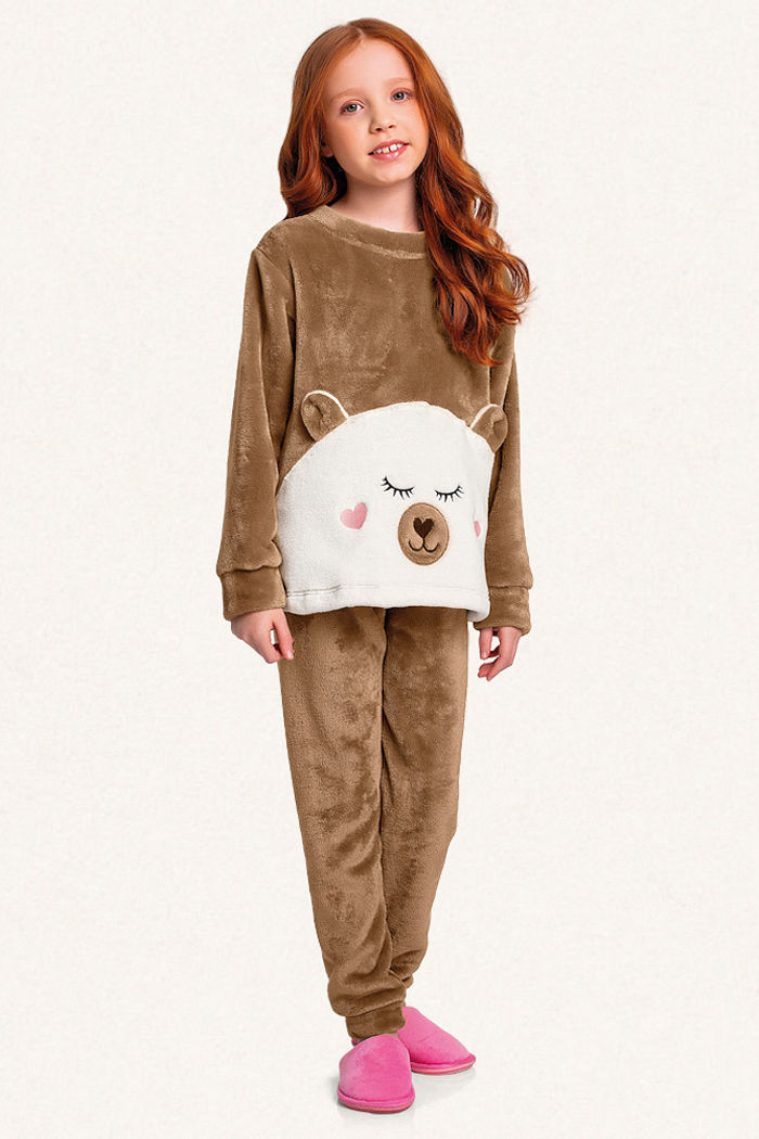 Conjunto blusão e calça em tecido fleece urso