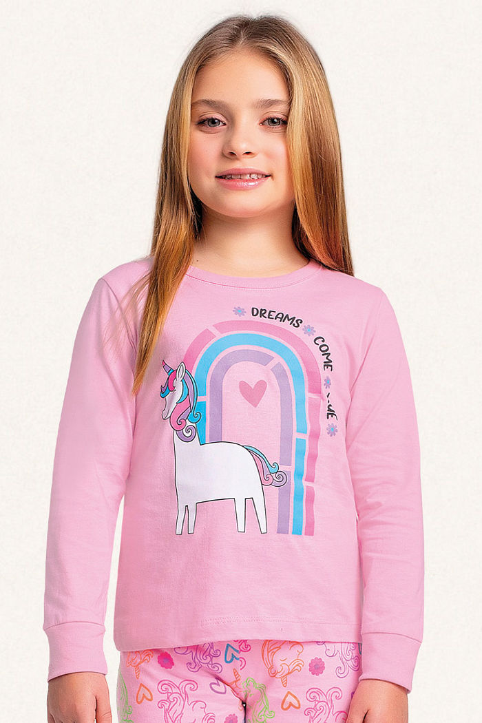 Conjunto pijama blusa manga longa e calça em meia malha unicórnio