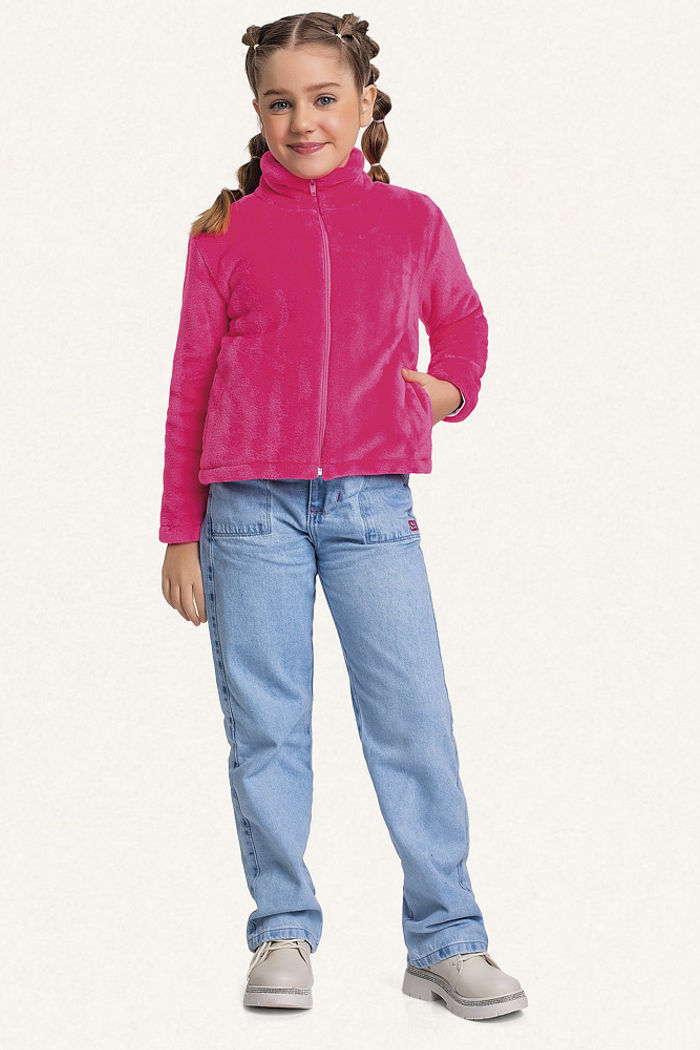 Jaqueta em tecido fleece com gola