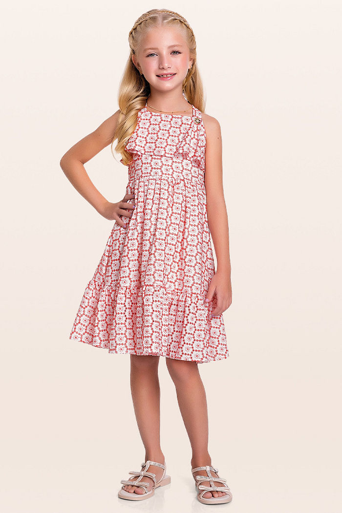 Vestido midi em tecido bordado mini flor