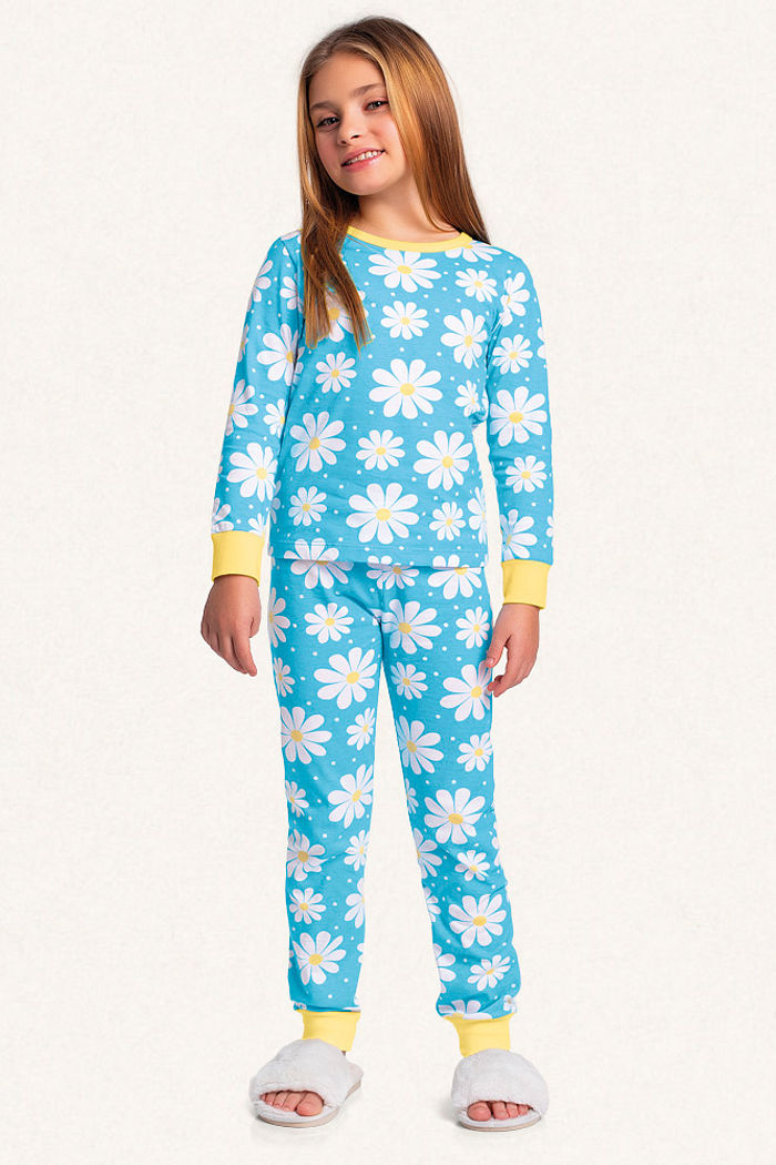 Conjunto pijama blusa manga longa e calça em meia malha flores