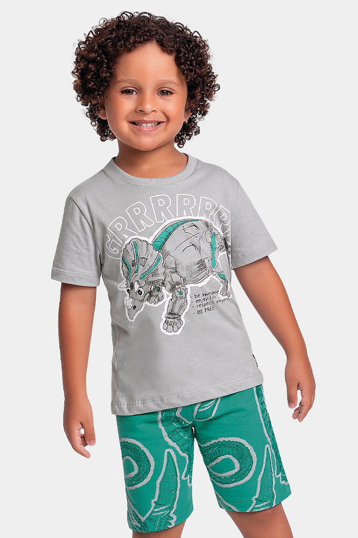 Conjunto camiseta e bermuda em moletinho de dinossauro