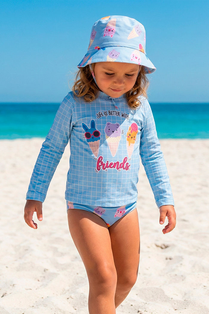Conjunto infantil moda praia blusa manga longa, calcinha e chapéu