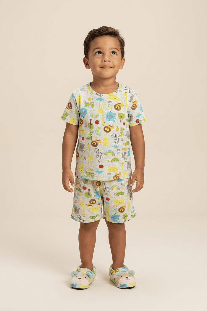 Conjunto pijama camiseta e bermuda bichinhos