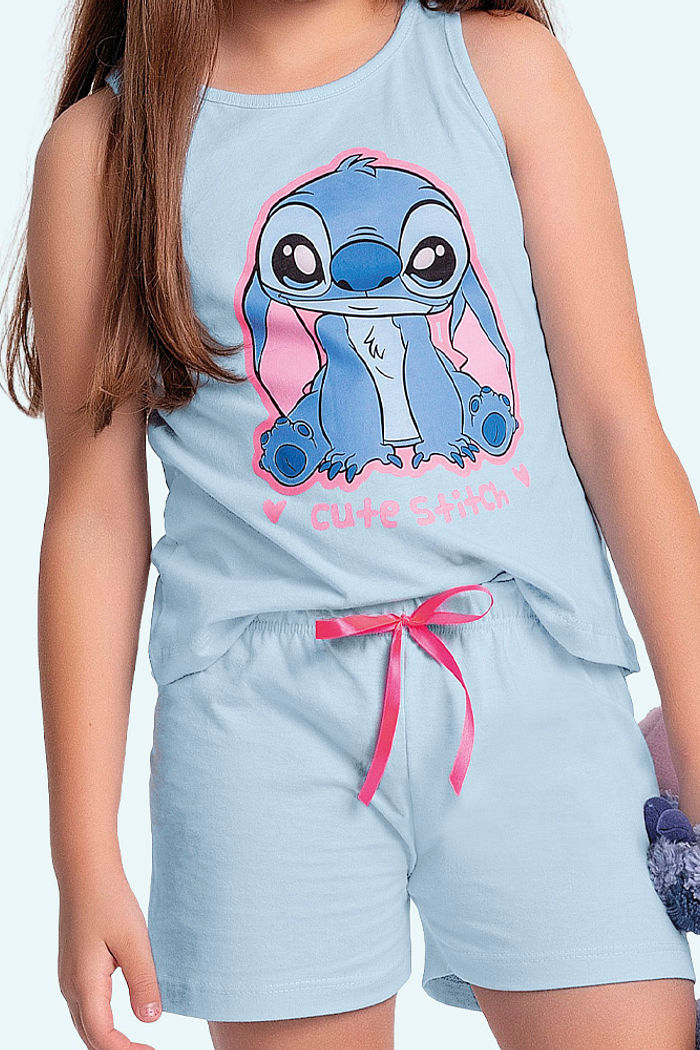 Conjunto pijama regata e short com laço cute Stitch
