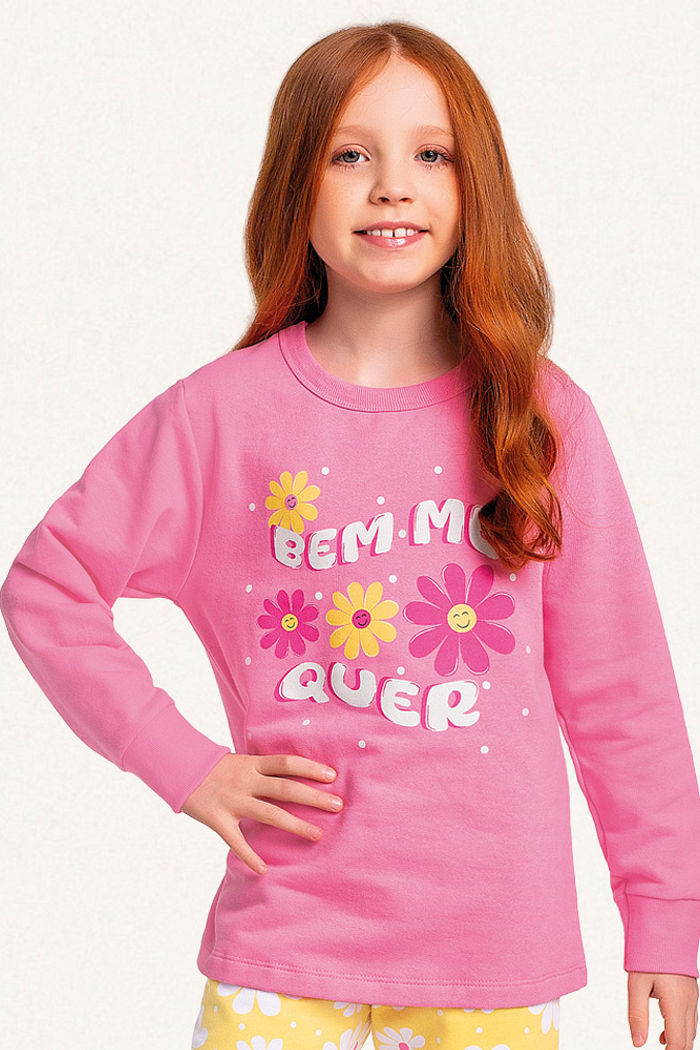 Conjunto pijama blusão e calça em moletom flores