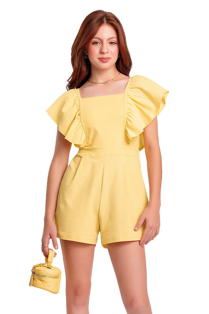 Macacão juvenil tricot com lástex e babados