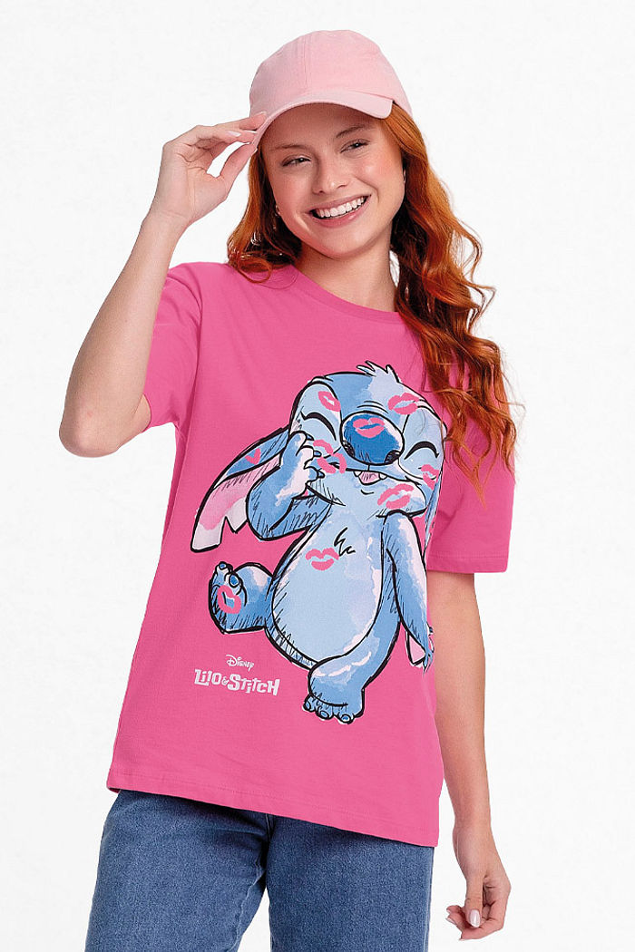 Blusa beijos Stitch em meia malha